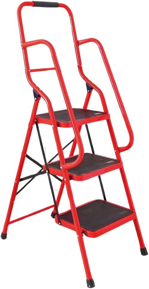 3 Step Folding Safety Ladder with Handrail Silver/Red | Anti-Slip Treads & Feet H146 x W9 x D51cm (Red)