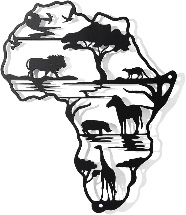 NBEADS Africa Map with Animals Metal Wall Art Decor, Black Africa Map Wall Hanging Decor Africa Animals Wall Art Cutout Sign for Home Bedroom Yoga Room Office Garden Hotel Wall Decoration, 30x24.8cm