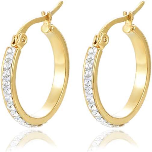 Yumay 9CT Yellow Gold Plated Round Hoop Earrings With White Crystal for Women and Girls(20MM)