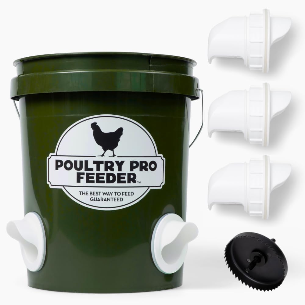 The Original Poultry Pro DIY Chicken Feeder | 3 Ports Poultry Feeders for Chicken Coop | Use for Buckets & Bins | Rain Proof, Weather Resistant - Original Feeder 3-Pack with Hole Saw