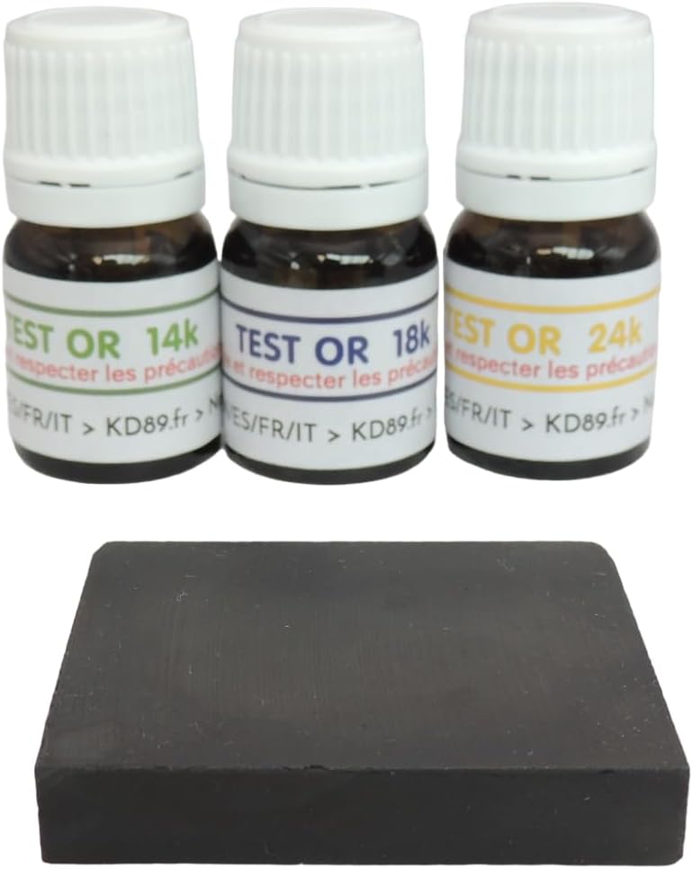 14-18-24 Carat Gold Test Reagent / Solution Assortment with Natural Touchstone and Multi-Language Instructions - Expertise for Jewellery, Coins, Ingots - 2.5ml