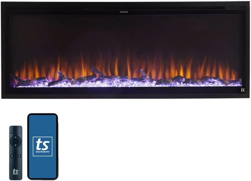 Touchstone Sideline Elite Smart 50” WiFi-Enabled Electric Fireplace - in-Wall Recessed - 60 Color Combinations - 1,500W Heater - Black - Log, Crystals & Driftwood - 80036