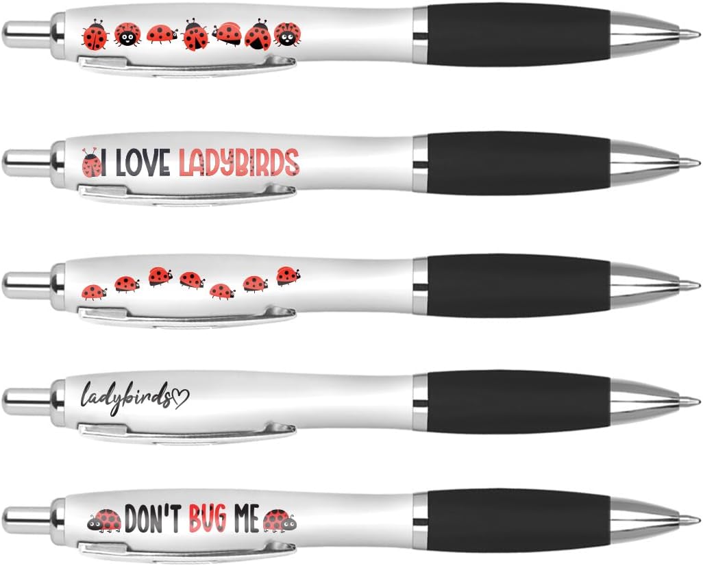 DV DESIGN 5 x Ladybird Black Pens - Ladybug Insect Bug Animal Cartoon Stationary School Equipment Teacher Friend Girls Boys Birthday Set #81299