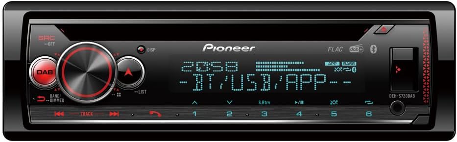 Pioneer DEH-S720DAB 1-DIN CD Tuner with DAB/DAB+, Bluetooth, multi colour illumination, USB, Spotify, Pioneer Smart Sync App and compatible with Apple and Android devices.