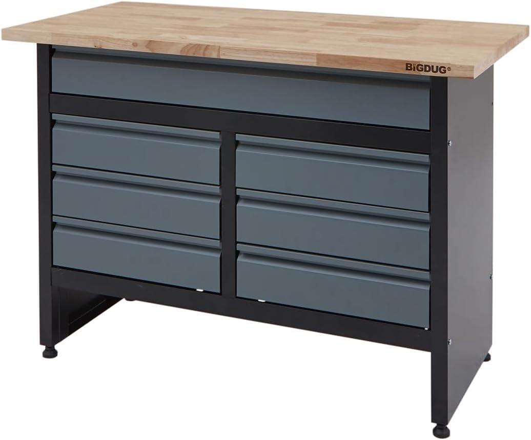 BiGDUG Garage Workbench Drawer Cabinet - Workshop Storage Workstation - 842H x 1200W x 600D mm - 7x Drawer - Black/Grey