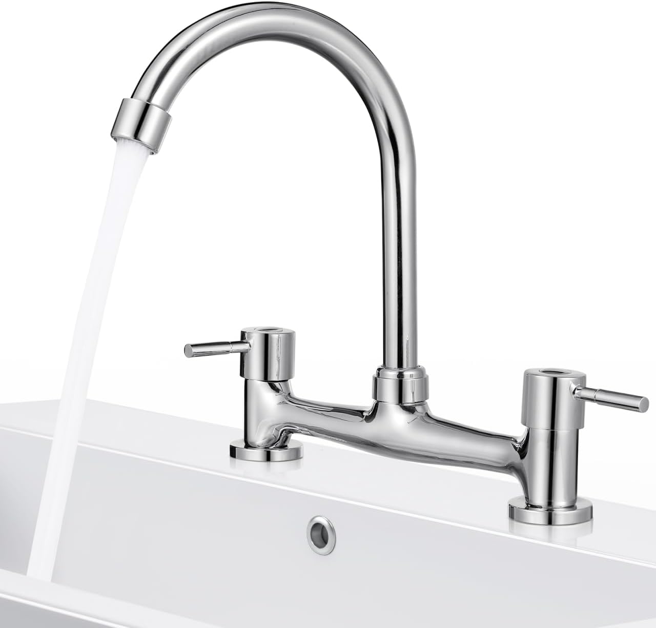 Hemobllo Double Mixer Tap Bathroom Sink Bridge Kitchen Sink Mixer Tap, 2 Hole Kitchen Sink Tap, Double-Hole Basin Faucet, Separate Controls for Hot and Cold Water 360° Swivel Faucet