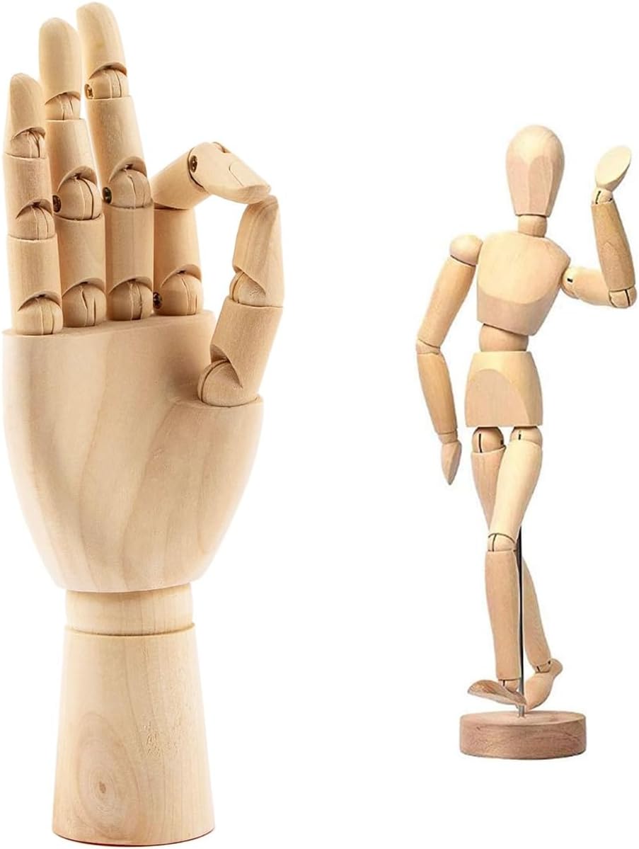 2-Pack 12" Art Drawing Hand Model,8" Artist Wooden Mannequin Figure Human People Dolls Manikin Supplies Stop Motion Figure Kit,Wooden Tools Posable Figure for Drawing,Painting,Sketching