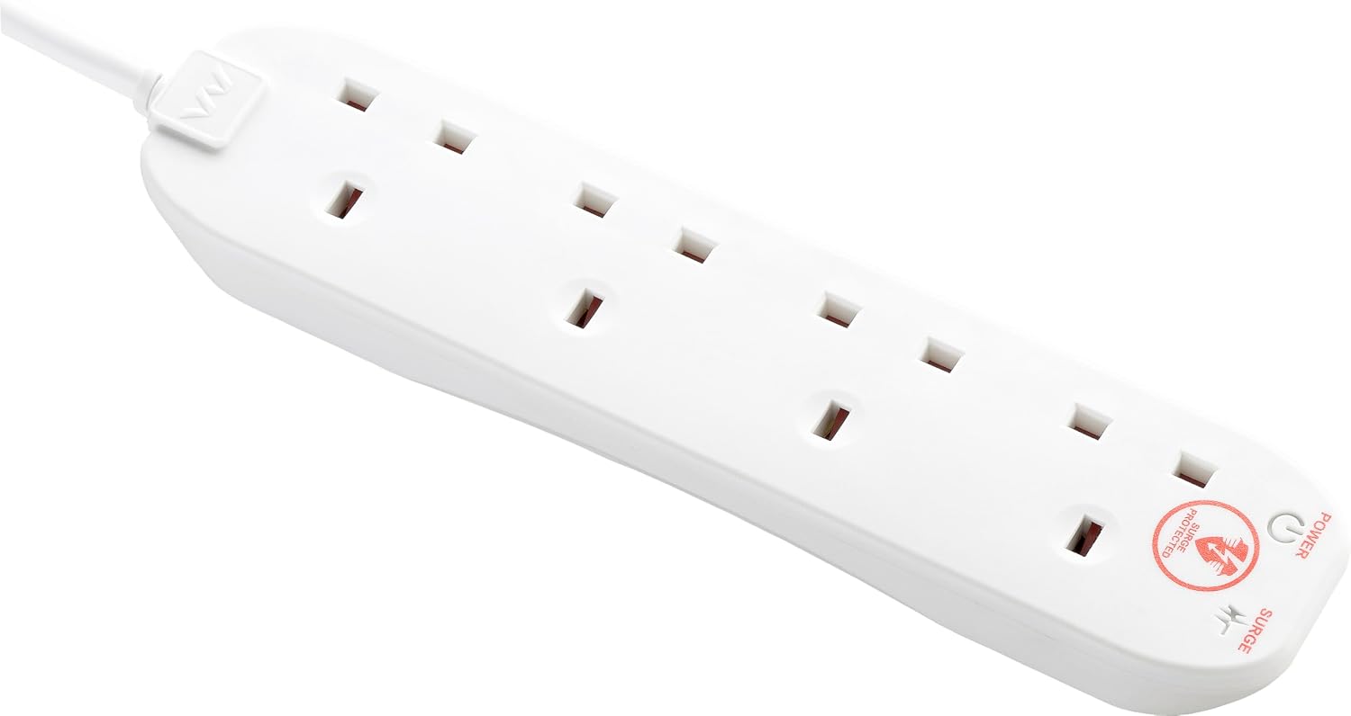 Masterplug Four Socket Extension Lead, 2 Metre Cable, Surge Protection, Power and Surge LED Indicators, Unswitched, 4-Way Plug Extension Cable, Power Strip, White, 13A, 4G, 2m, SRG4210N