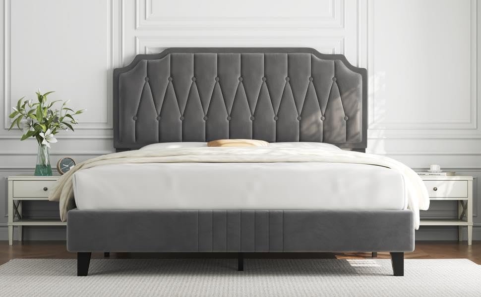 Yaheetech 4ft6 Double Upholstered Bed Frame with Adjustable Button Tufted Headboard/Velvet Fabric/Sturdy Wooden Slat Support/No Box Spring Needed, Dark Grey