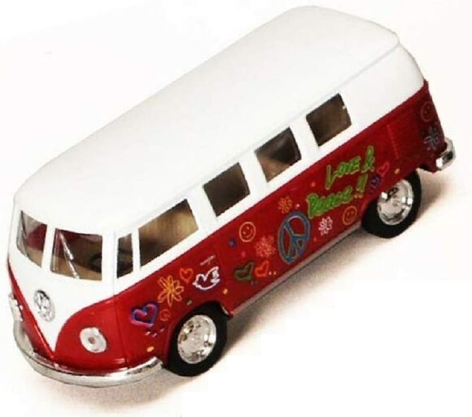 KiNSMART 1962 Volkswagen Classic Bus 1:32 Scale 5" Die Cast Metal Model Toy Van Pullback Acation (Red Flower Power)