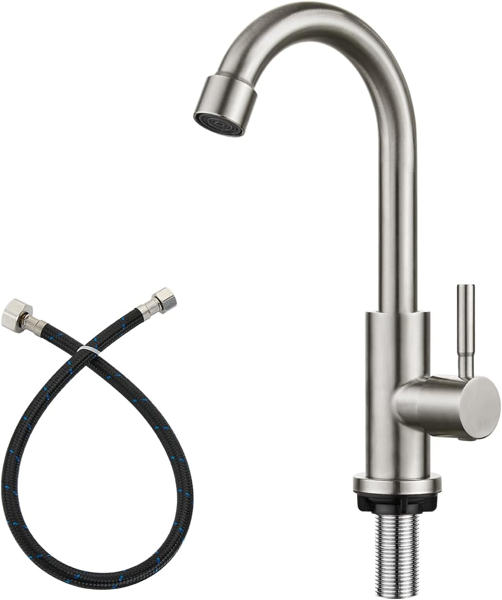 Heyalan Kitchen Faucet Single Handle 1 Hole Deck Mount SUS304 Stainless Steel Sink Bar Tap Goose Neck,Cold Water Faucet,Brushed Nickel