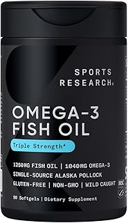 Sports Research Triple Strength Omega 3 Fish Oil - Burpless Fish Oil Supplement w/EPA & DHA Fatty Acids from Single-Source Wild Alaska Pollock - 1250 mg, 90 ct