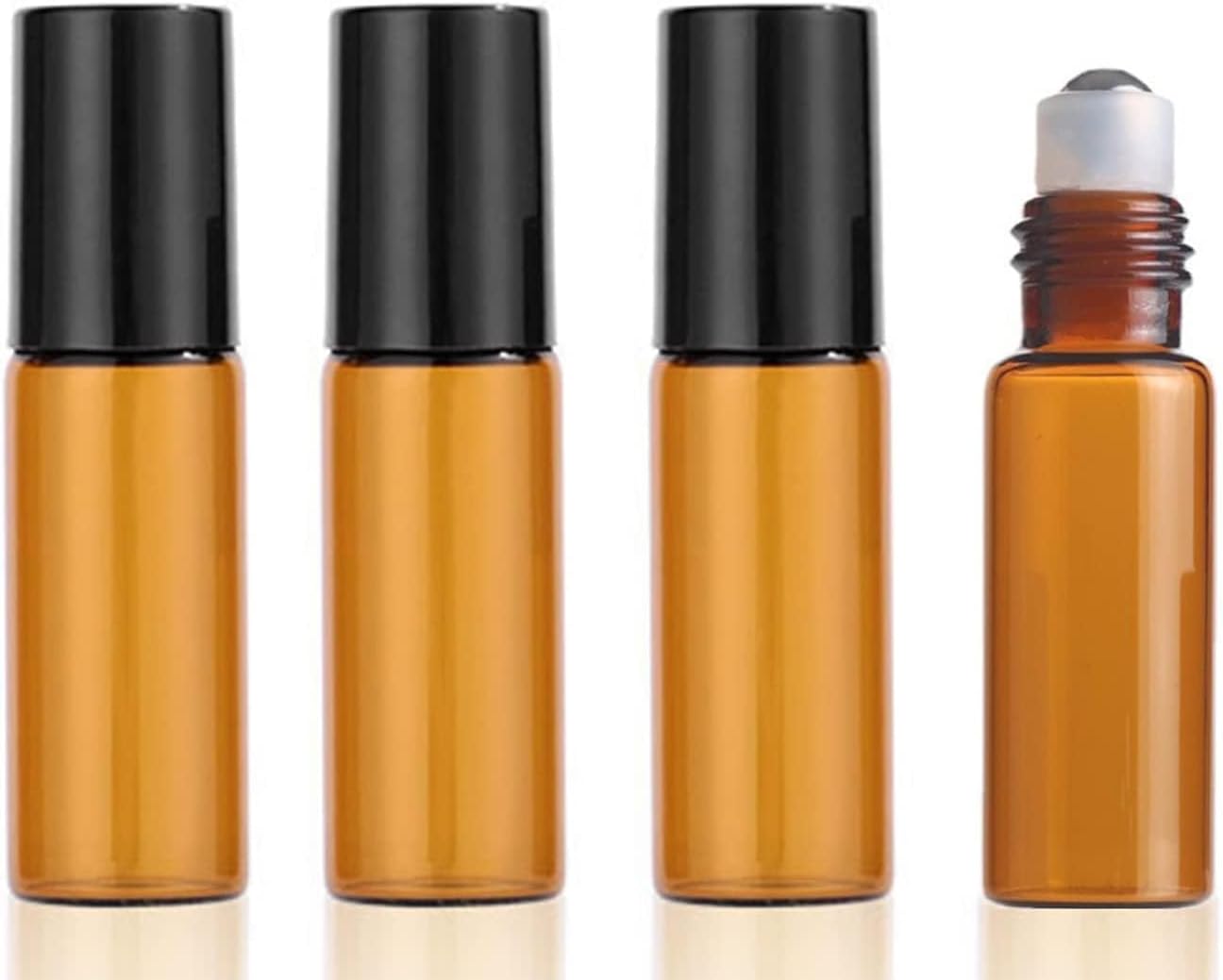 DreamAug 4Pcs 5ml Amber Glass Roller Bottles with Black Metal Roller Balls - Empty Essential Oil Roll-On Bottles for Aromatherapy, Perfumes, and Massage