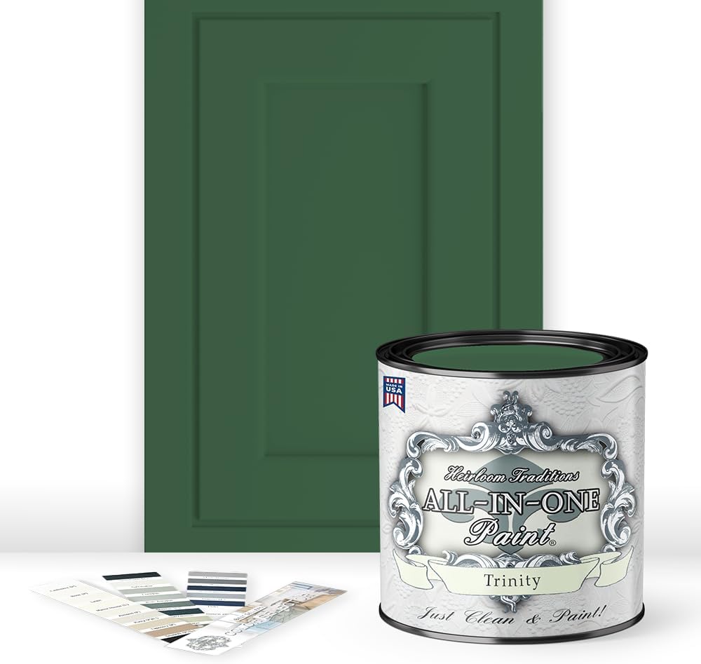 Heirloom Traditions ALL-IN-ONE Paint, Trinity (green), Quart - Durable cabinet and furniture paint. Built in primer and top coat, no sanding needed. Includes our 30 featured color card.