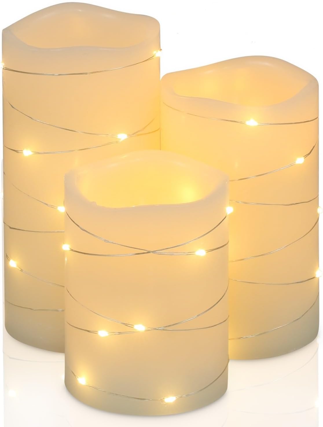 Flickering Flameless Candles Ivory Real Wax Pillar with Embedded String Lights LED Candles Battery Operated with Cycling 5H Timer Set of 3 (3" x 4"/5"/6") (Ivory)