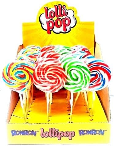 RONRON Lollipops 50 x 30g Round Rainbow Swirly Lollies. Cake Toppers, Kids Party Bags. Halal. Great Value. 30gram, Assorted