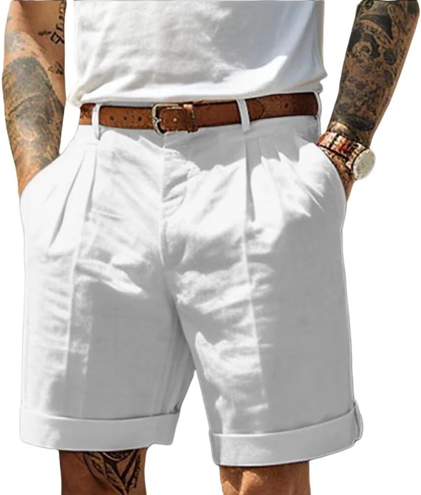 Men's Linen Shorts Pleat-Front Casual Italian Shorts Summer Lightweight Dress Pants with Pockets