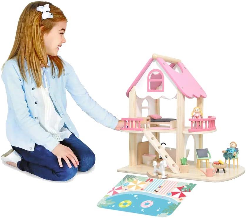 Wooden DollHouse for Kids, dolls house 2 Story Wood Playset with Furniture Accessories and Dolls for Toddlers, Boys and Girls
