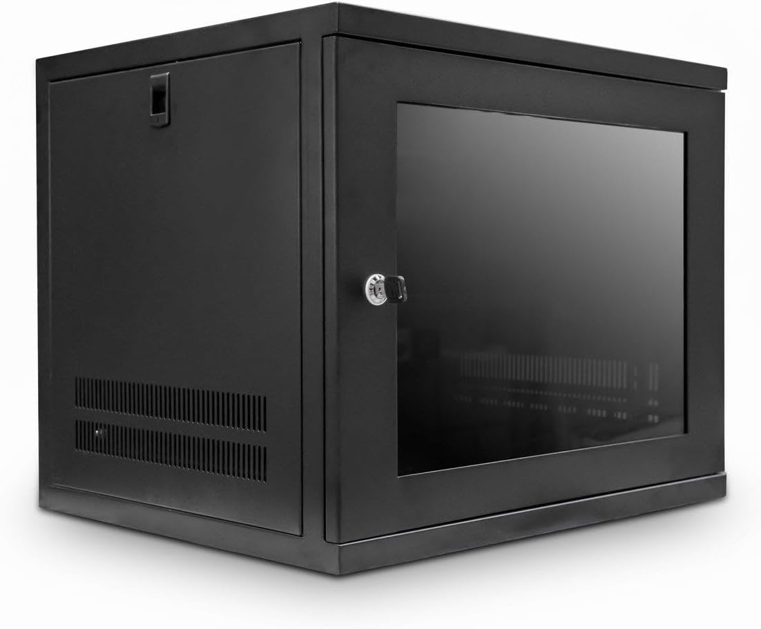 LMS Data Server Rack Data Cabinet - 9U 450mm Deep Wall Mounted 19 Inch Black Storage Rack with Glass Door, Removable Side Panels, Front-Rear Lockable (9U Glass Door)