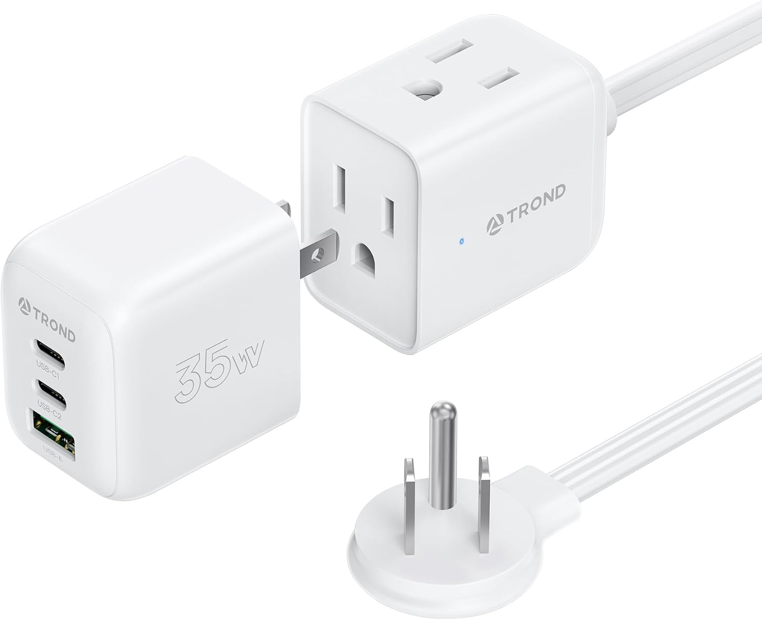 TROND Travel Power Strip with Detachable USB C Ports Fast Charge GaN III PD35W, 5ft Flat Plug Extension Cord with Multiple Outlets, for Home Hotel Dorm Room Cruise Ship Essentials, White