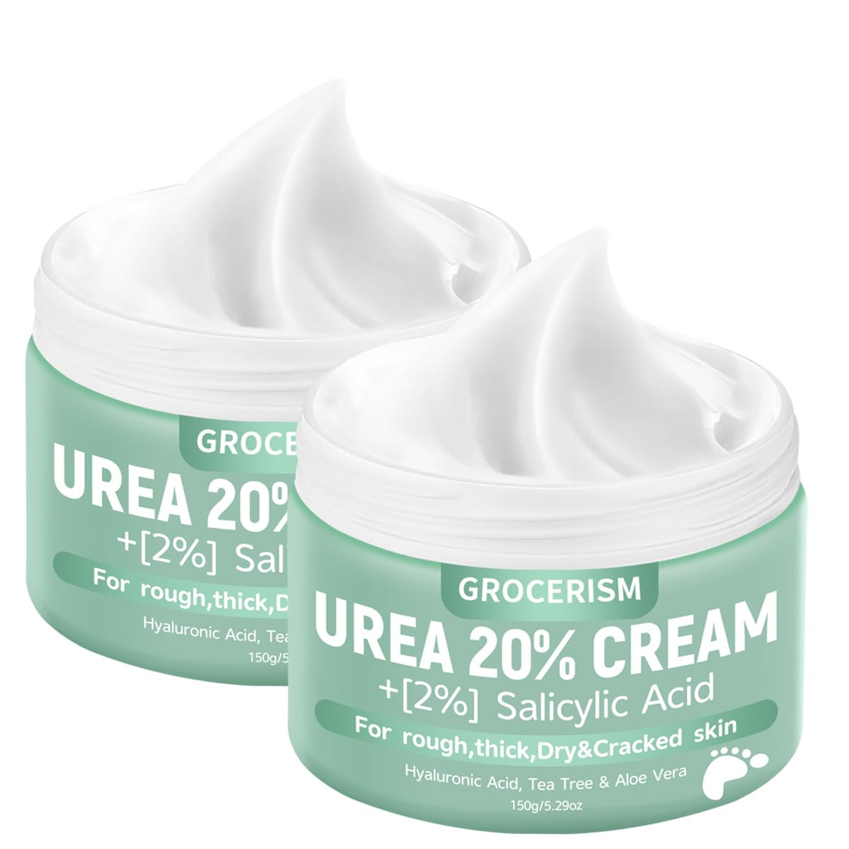 Grocerism Urea Foot Cream 20% for Feet Maximum Strength, 5.29 oz, Pack of 2 | with 2% Salicylic Acid, Hyaluronic Acid, Tea Tree & Aloe Vera, Daily Moisture for Rough and Callused Heels, Hands and Knees