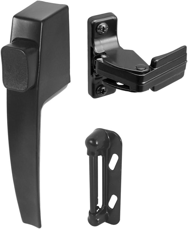 Prime-Line K 5007 Screen and Storm Door Push Button Latch Set With Night Lock, Fits Doors 5/8 – 1-1/4 In. Thick, Black Finish (Single Pack)