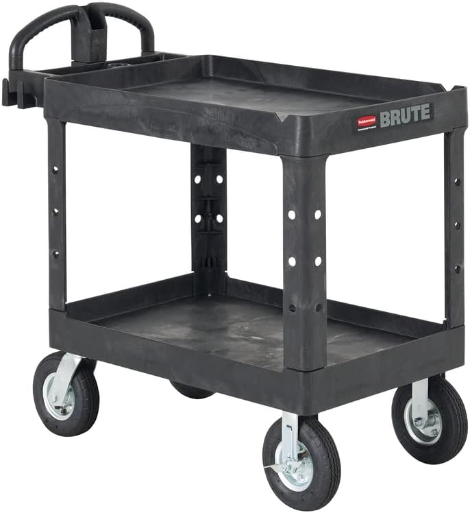 Rubbermaid Commercial Products BRUTE Heavy Duty 2-Shelf Utility/Service Cart, Medium, Lipped Shelves, Ergonomic Handle, Pneumatic Casters, 500 lb Capacity, Black, for Warehouse/Garage/Cleaning/Office