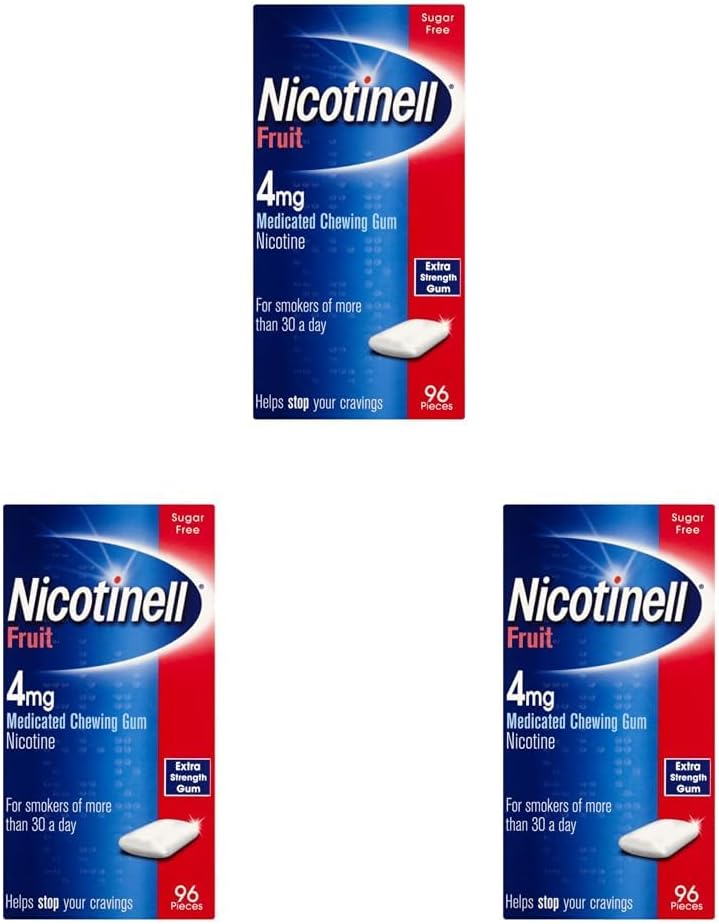 Nicotinell Fruit Gum 4mg (96 Pieces), Stop Smoking Aid, Sugar Free Nicotine Gum, Mild Fruit Flavour, 4mg Extra Strength for Heavy Smokers, Quit Smoking Aid (Pack of 3)