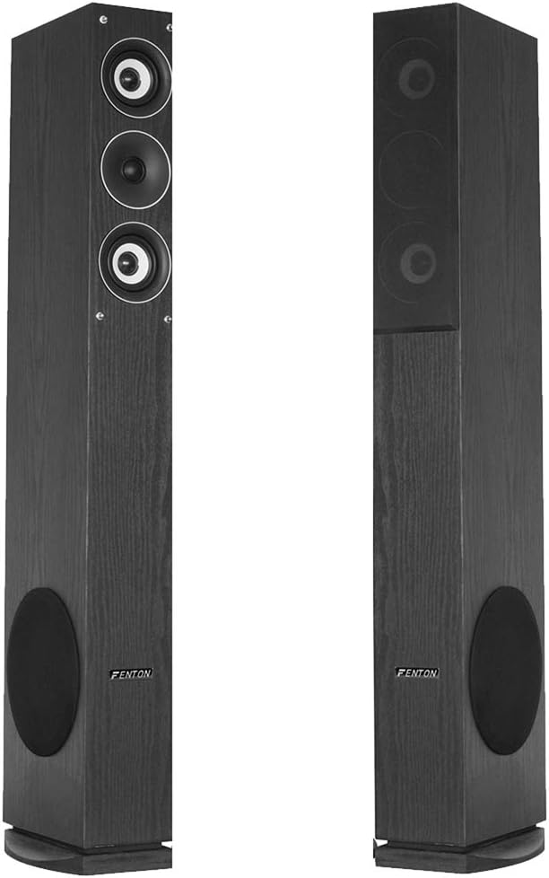 Fenton SHFT52B HiFi Tower Speakers Pair - 500W 3-Way Home Cinema Floor Standing Speakers with 6.5" Side Subwoofer, Dual Midrange, Black Finish, High Fidelity Audio