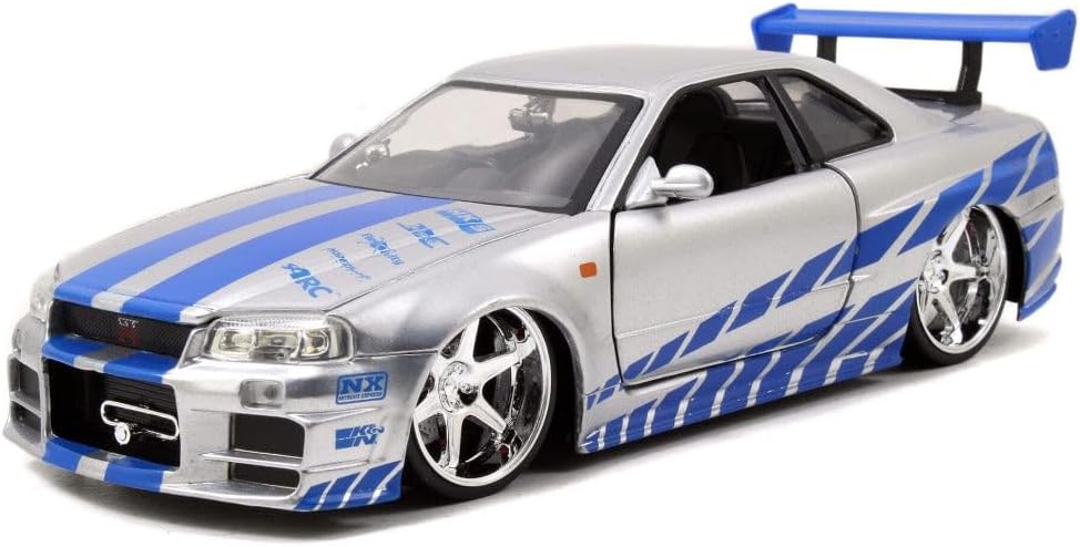 Jada Toys Fast & Furious Brian’s 2002 Nissan Skyline R34 Die-cast Car, 1:24 Scale, Silver & Blue,19808