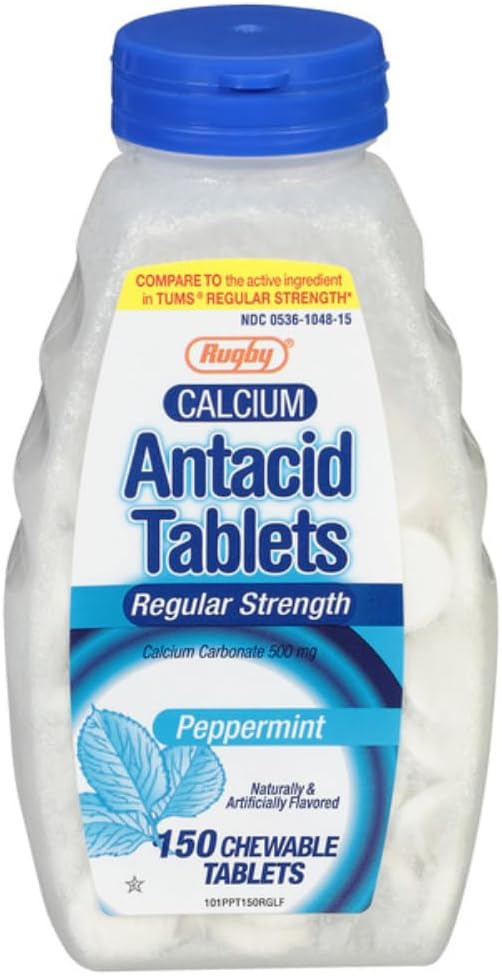 Rugby Regular Strength Antacid Chewable Tablets - Made with 500 mg of Calcium Carbonate - Peppermint Flavor - 150 Count