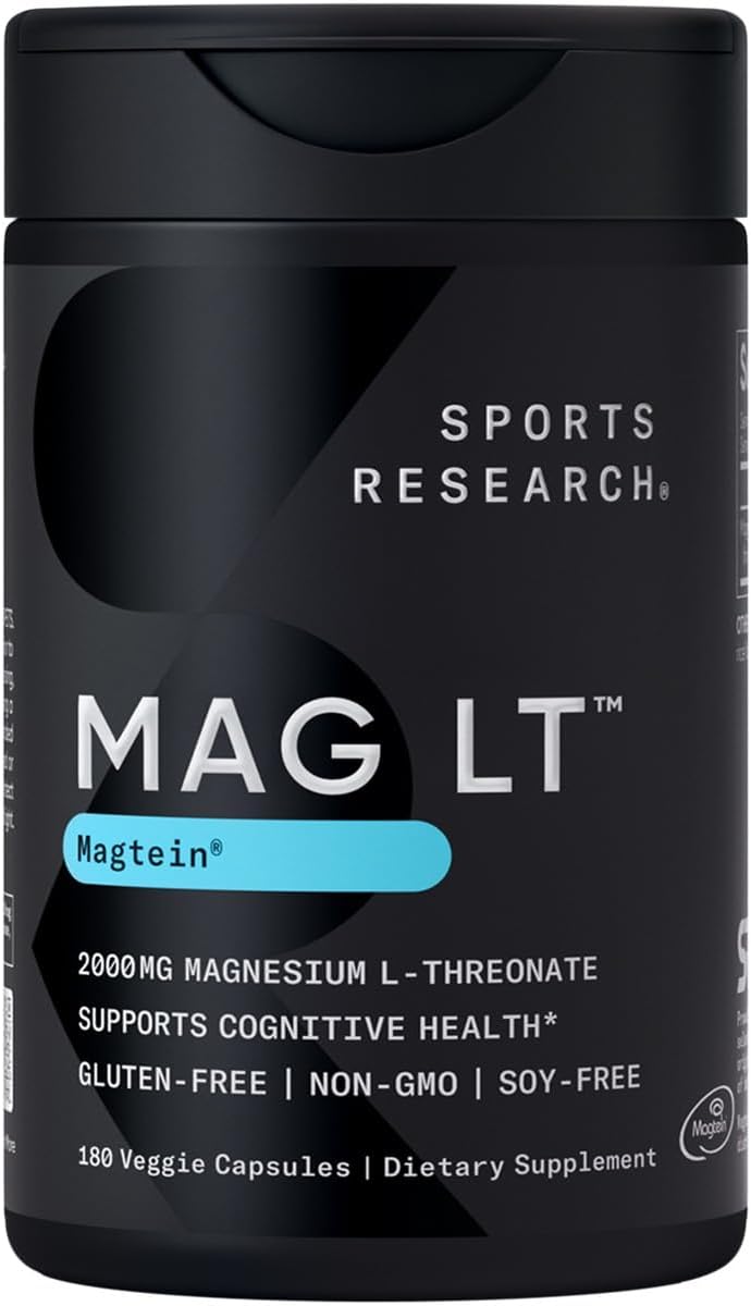 Sports Research Magtein Magnesium L-Threonate Capsules - Magnesium Supplement for Memory, Focus & Cognition - Magnesium L Threonate Supports Brain Health, Sleep & Mood- 2000mg, 180 Capsules for Adults