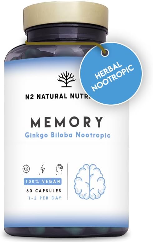 Nootropics Cognitive Enhancer Brain Booster. Coffee, Ginko Biloba, Bacopa, Vitamins. Nootropic Supplement for Mental Performance, Focus Better Mood UK Vegan Certified 60 Capsules N2 Natural Nutrition