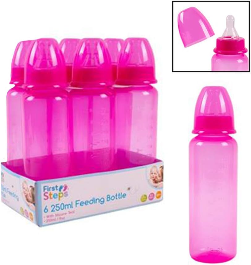 Pack of 6 Baby Bottles Set Silicone Teat Pink 250ml BPA Free Re-usable Plastic