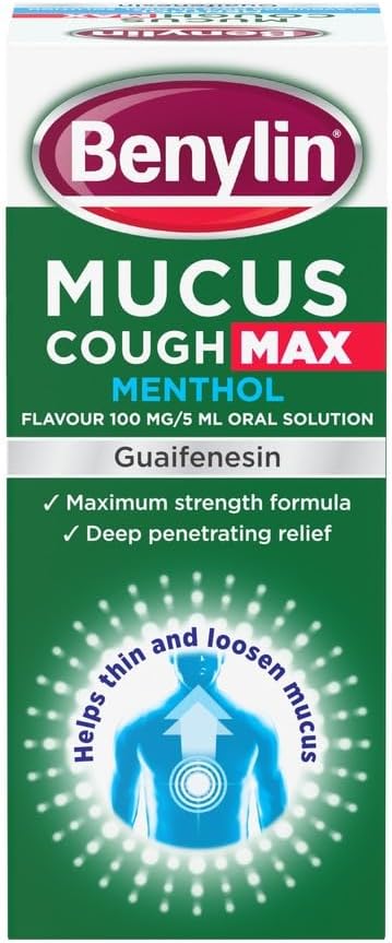 Benylin Mucus Cough Max Menthol Flavour, Helps to Clear Chest Mucus from Day 1, Cough Medicine for Adults, 100 mg/5 ml Oral Solution, 150 ml