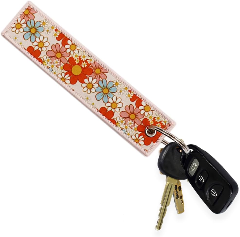 Retro Floral Daisy Colorful Flowers Keychain for Motorcycles, Cars, Scooters, Bikes, Backpacks, Key Tag