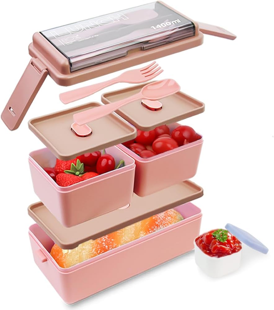 Bugucat Lunch Box, Double Stackable Bentobox Container Meal Prep Containe with Cutlery, Sealed Fresh-Keeping All in One Leak-Proof BPA Free Box for Adults and Kids, Microwav Dishwasher Safe