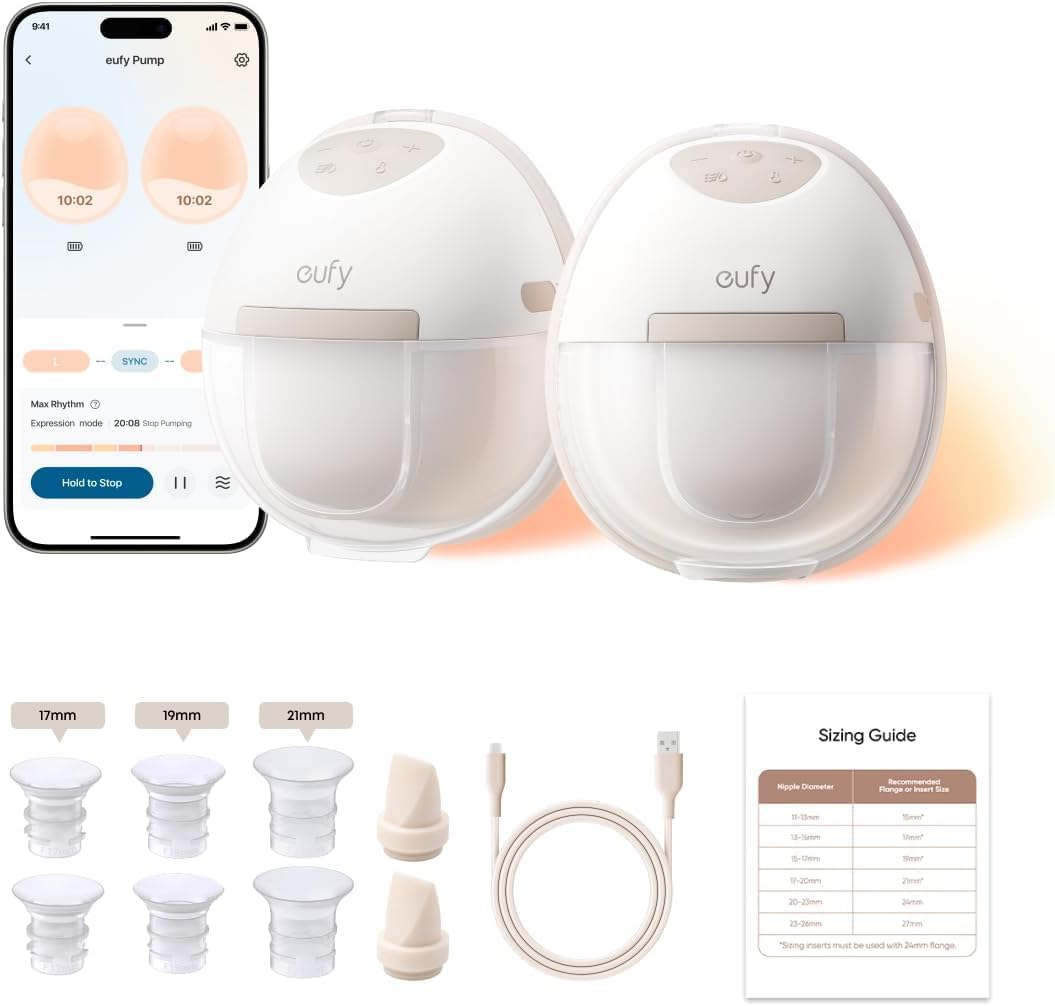 eufy Security Heated Breast Pump Hands-Free E20, Wearable with Innovative HeatFlow, 3 Heat Levels, Optimized Rhythm via App, Hospital-Grade Suction, Leakproof, Ultra-Slim and Quiet for in-Bra Use