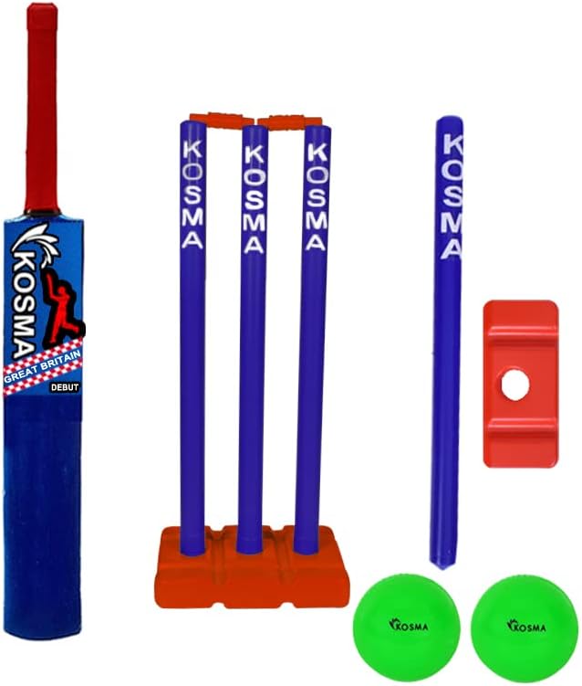 Kosma Kwik Cricket Set | Junior Cricket Set with bag | Cricket bat No 3 (28”) | 2 x Balls | Wickets set 23” with Bails & Stand | Target Stump with Stand | Finished in a vibrant Red & Royal Blue Colour