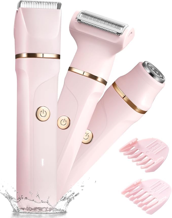 Bikini Trimmer Women - 3 in 1 Painless Lady Shavers for Women for Silk Skin,Rechargeable Electric Shaver for Bikinis Legs Pubic Hair,Replaceable Ceramic Blade,IPX7 Waterproof Easy Cleaning,Pink