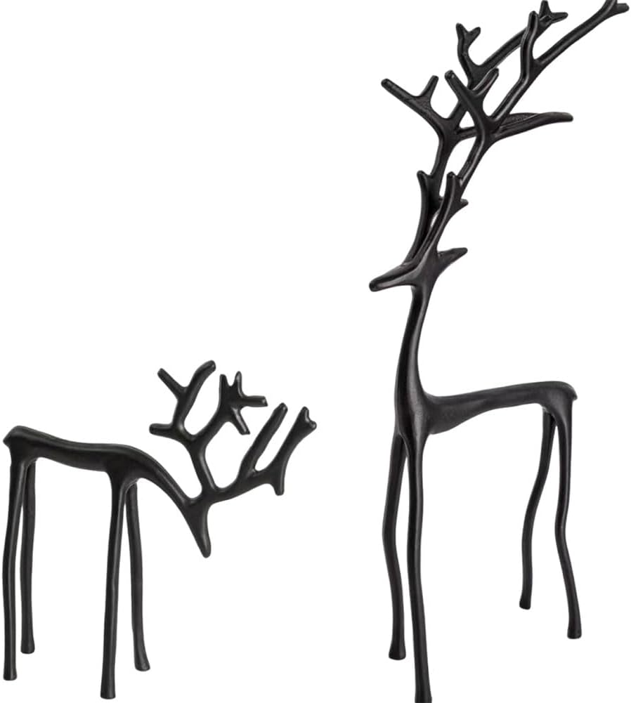 JOYWU Black Reindeer Statues for Christmas Decorations, Metal Deer Sculpture Modern Xmas Figurines, 2025 Christmas Tabletop Ornaments for Mantel Fireplace Living Room Bedroom Home Decor (Set-A+B)