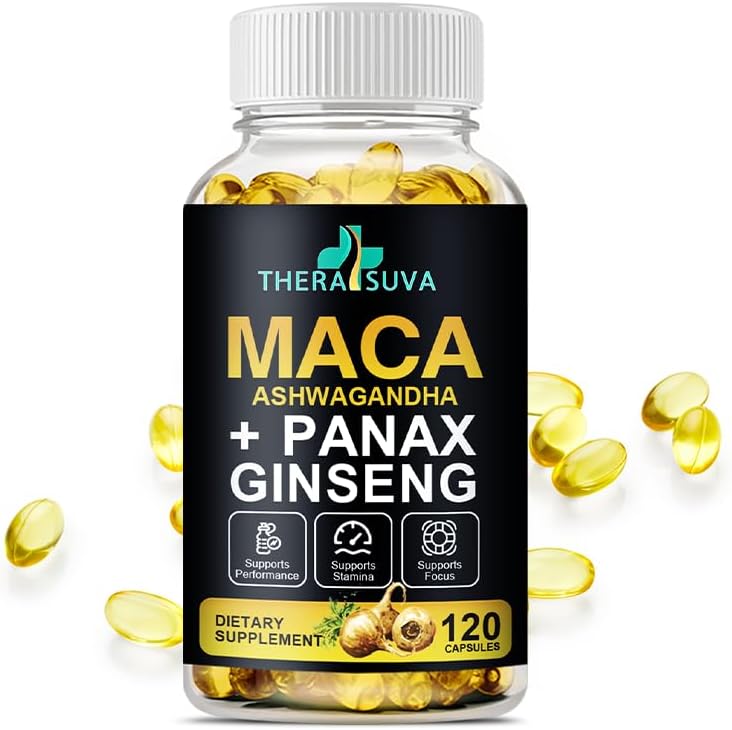 3 in 1 Ashwagandha + Maca Root + Panax Ginseng - Natural Supplement for Energy, Stamina, and Stress Support, 120 Softgels