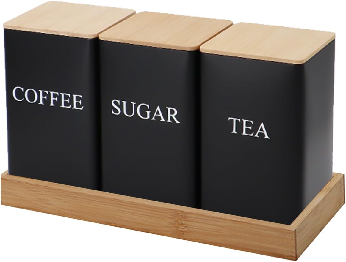 Tuzsocr 3 Pack Tea Sugar Coffee Canister Set with Bamboo Lids, Airtight Storage Canisters Food Storage Containers Pots Jars, Rust Resistant Powder Coated Iron Caddies,for Kitchen Food Storage (Black)