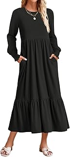 ZESICA Women's 2024 Fall Long Sleeve Dress Crewneck Casual Loose Pleated Tiered Swing Midi Dresses with Pockets