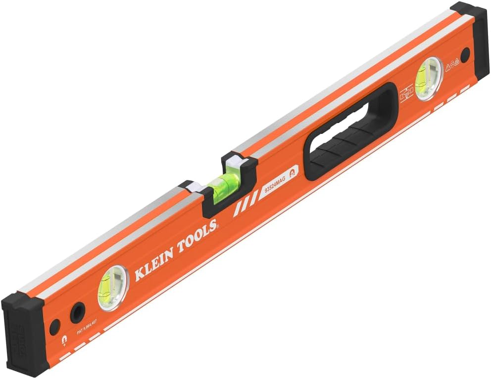 Klein Tools 93524MAG 24-Inch Box Level, Magnetic Box Beam Bubble Level, 3 Vials, High Visibility Orange, Aluminum Body, V-Groove and Magnet Track