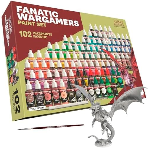 The Army Painter, Warpaints Fanatic Wargamers Set Combo, 102 x 18 ml Acrylic Paints, incl. Metallics, Washes, Effects, 2 brushes & 1 Miniature - Miniature paint set for D&D & Warhammer Miniatures