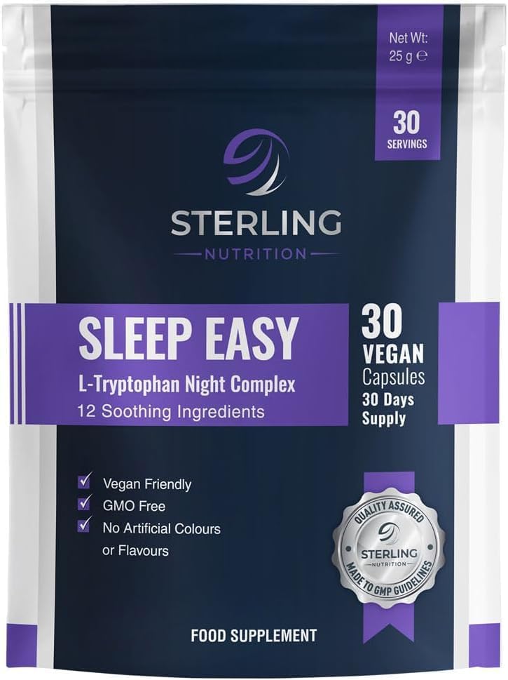 Sleep Easy - Vegan Sleeping Capsules for Adults, Pack of 30 Supplements | L-Tryptophan & Magnesium Night Complex | Natural Aid for Restful Nights | Non-Habit Forming | STERLING NUTRITION
