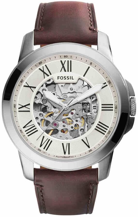 Fossil Watch for Men Grant, Mechanical Automatic Movement, 45 mm Silver Stainless Steel Case with a Leather Strap, ME3099