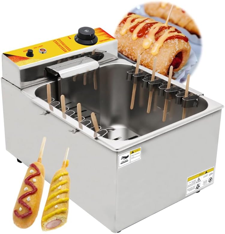 Electric Cheese Hot Dog Deep Fryer, 12L Capacity, 2.5kW, Stainless Steel, Commercial Cheese Hot Dog Sticks Frying Machine with 8 Hooks