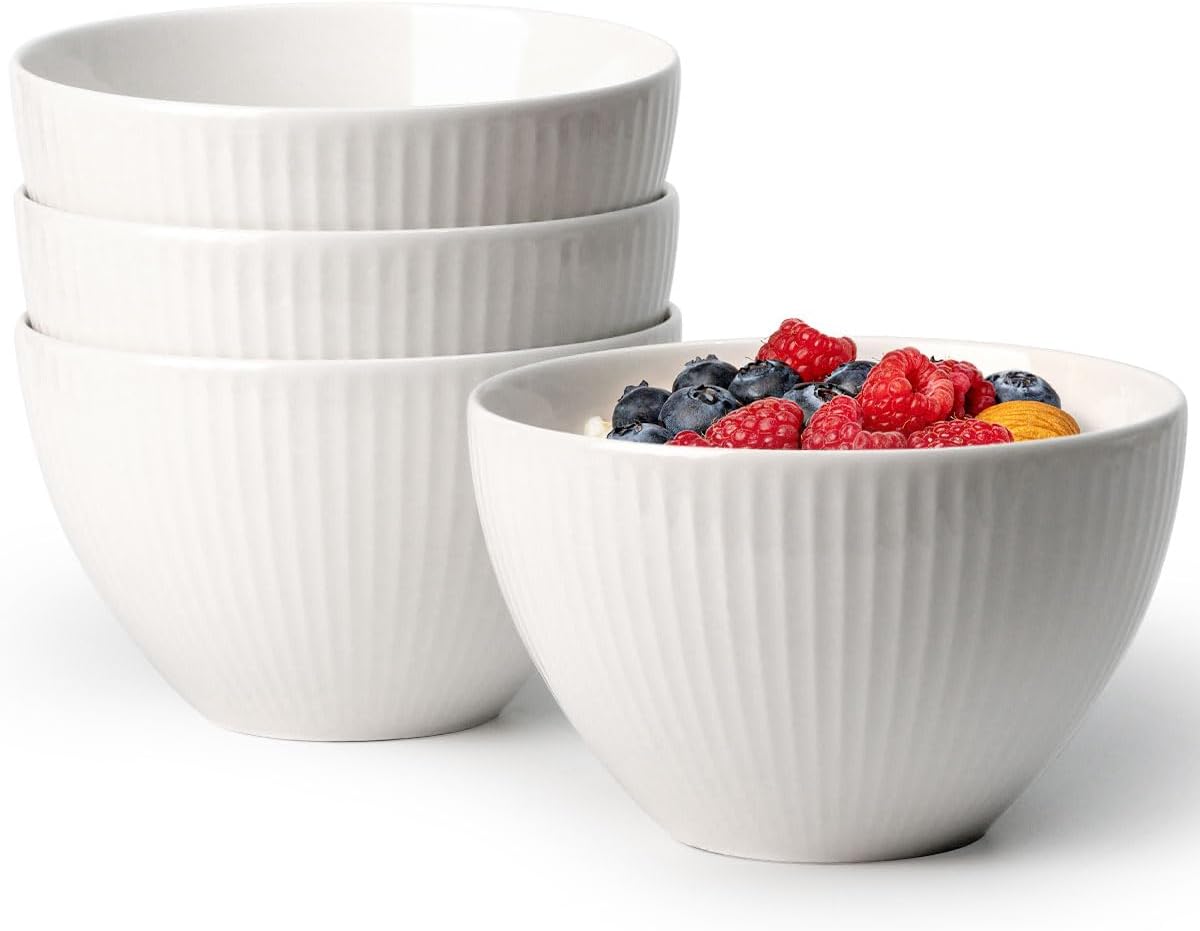 NUTRIUPS Deep Cereal Bowls, 14x9cm 750ml Soup Bowl, Ceramic Large Bowls Set for Oatmeal Salad, Set of 4, White, Dishwasher & Oven Safe, Microwavable